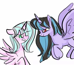 Size: 1102x979 | Tagged: safe, artist:alicedrawing13, derpibooru import, oc, unofficial characters only, alicorn, pony, duo, duo female, eye clipping through hair, female, flying, horn, image, jpeg, looking at each other, looking at someone, mare, raised hoof, simple background, spread wings, white background, wings