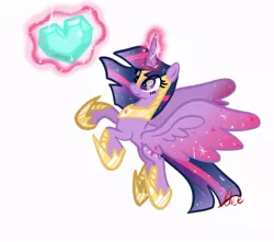 Size: 738x653 | Tagged: safe, artist:alicedrawing13, derpibooru import, twilight sparkle, twilight sparkle (alicorn), alicorn, pony, crystal heart, eye clipping through hair, female, glow, glowing horn, heart, horn, image, jewelry, jpeg, looking at something, magic, magic aura, mare, regalia, simple background, solo, spread wings, telekinesis, white background, wings
