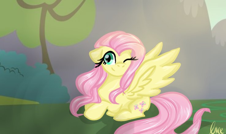 Size: 738x438 | Tagged: safe, artist:alicedrawing13, derpibooru import, fluttershy, pegasus, pony, bush, female, image, jpeg, lying down, mare, one eye closed, outdoors, prone, solo, spread wings, tree, wings, wink