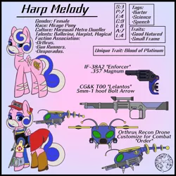 Size: 4000x4000 | Tagged: safe, artist:dice-warwick, derpibooru import, oc, oc:harp melody, original species, robot, fallout equestria, clothes, fallout equestria: desperados, gun, handgun, hat, horn, image, jacket, mirage pony, pipbuck, png, red dress, red hat, revolver, rifle, small horn, small wings, stripes, vest, weapon, wings