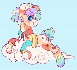 Size: 2500x2271 | Tagged: safe, artist:cocopudu, derpibooru import, oc, unofficial characters only, earth pony, clothes, cloud, coat markings, dappled, hoodie, image, jpeg, looking at you, lying down, lying on a cloud, on a cloud, smiling, socks, solo