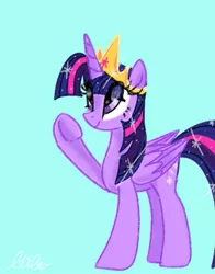 Size: 401x512 | Tagged: safe, artist:alicedrawing13, derpibooru import, twilight sparkle, twilight sparkle (alicorn), alicorn, pony, blue background, eye clipping through hair, female, folded wings, horn, image, jewelry, jpeg, mare, raised hoof, regalia, simple background, solo, underhoof, wings