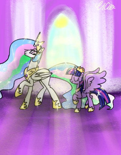 Size: 401x512 | Tagged: safe, artist:alicedrawing13, derpibooru import, princess celestia, twilight sparkle, twilight sparkle (alicorn), alicorn, pony, duo, duo female, ethereal mane, eyes closed, female, folded wings, horn, image, jewelry, jpeg, looking at someone, mare, profile, raised hoof, regalia, spread wings, walking, wings