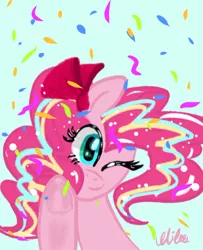 Size: 720x887 | Tagged: safe, artist:alicedrawing13, derpibooru import, pinkie pie, earth pony, pony, blue background, female, image, jpeg, mare, one eye closed, raised hoof, simple background, solo, underhoof, wink