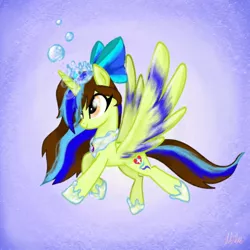 Size: 1280x1280 | Tagged: safe, artist:alicedrawing13, derpibooru import, oc, unofficial characters only, alicorn, pony, blue background, bow, bubble, female, gradient background, hair bow, horn, image, jpeg, mare, simple background, solo, spread wings, white background, wings