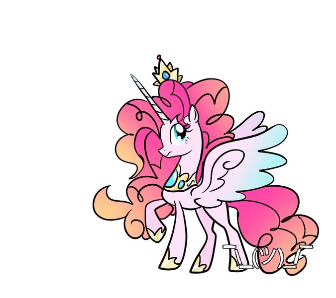 Size: 1102x979 | Tagged: safe, artist:alicedrawing13, derpibooru import, pinkie pie, alicorn, pony, alicornified, female, horn, image, jewelry, jpeg, mare, pinkiecorn, princess pinkie pie, race swap, raised hoof, regalia, simple background, solo, spread wings, white background, wings, xk-class end-of-the-world scenario