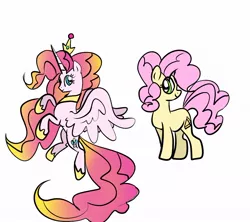 Size: 1102x979 | Tagged: safe, artist:alicedrawing13, derpibooru import, li'l cheese, pinkie pie, alicorn, earth pony, pony, the last problem, alicornified, duo, duo female, eye clipping through hair, female, horn, image, jewelry, jpeg, mare, pinkiecorn, princess pinkie pie, race swap, regalia, simple background, spread wings, white background, wings, xk-class end-of-the-world scenario