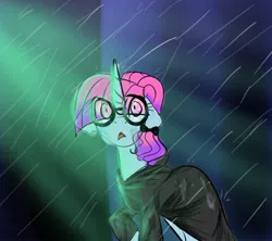 Size: 1102x979 | Tagged: safe, artist:alicedrawing13, derpibooru import, oc, unofficial characters only, pony, unicorn, clothes, eye clipping through hair, female, glasses, horn, image, jpeg, mare, open mouth, rain, solo, wet