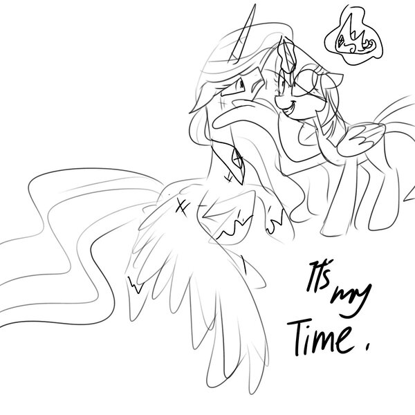 Size: 1280x1280 | Tagged: safe, artist:alicedrawing13, derpibooru import, princess celestia, twilight sparkle, twilight sparkle (alicorn), alicorn, pony, black and white, dialogue, duo, duo female, eye clipping through hair, female, folded wings, grayscale, grin, horn, image, jewelry, jpeg, magic, magic aura, mare, monochrome, regalia, shrunken pupils, simple background, smiling, telekinesis, white background, wings