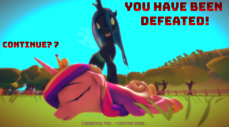 Size: 1920x1067 | Tagged: questionable, artist:defeatedgirls, derpibooru import, princess cadance, queen chrysalis, alicorn, changeling, 3d, continue screen, defeated, dialogue, evil grin, field, grin, image, png, ryona, smiling, source filmmaker, trampling, triumphant, unconscious, video game, worried