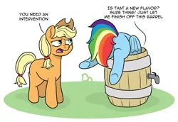 Size: 2503x1724 | Tagged: safe, artist:doodledonutart, derpibooru import, applejack, rainbow dash, earth pony, pegasus, pony, applejack is not amused, barrel, butt, comic, female, hat, image, mare, newbie artist training grounds, png, rainbutt dash, that pony sure does love cider, unamused, underhoof