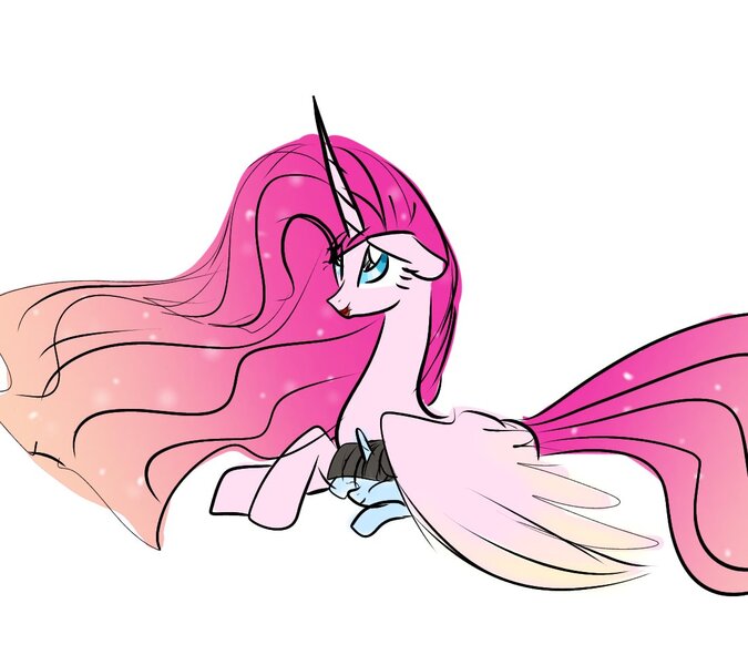 Size: 1102x979 | Tagged: safe, artist:alicedrawing13, derpibooru import, pinkie pie, oc, alicorn, pony, alicornified, duo, duo female, ethereal mane, eye clipping through hair, eyes closed, female, horn, image, jpeg, lying down, mare, pinkiecorn, princess pinkie pie, prone, race swap, simple background, white background, wings, xk-class end-of-the-world scenario