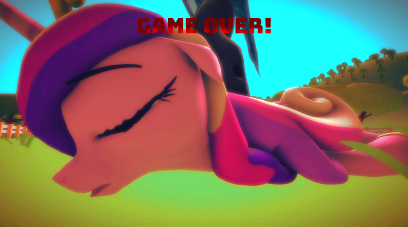 Size: 1920x1070 | Tagged: questionable, artist:defeatedgirls, derpibooru import, princess cadance, queen chrysalis, alicorn, changeling, 3d, close-up, defeated, field, game over, image, png, ryona, source filmmaker, trampling, triumphant, unconscious, video game