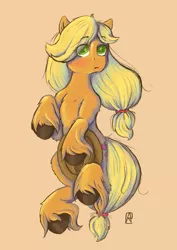 Size: 745x1054 | Tagged: suggestive, artist:ardilya, derpibooru import, applejack, earth pony, pony, apple family member, blushing, colored, covering, covering crotch, digital art, hat, image, jpeg, looking at you, lying down, on back, simple background, solo