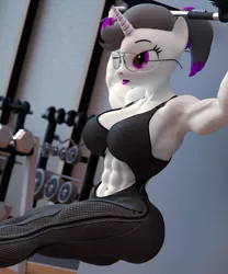 Size: 3000x3600 | Tagged: safe, artist:dashie116, derpibooru import, oc, oc:hazel radiate, unofficial characters only, anthro, pony, unicorn, abs, anthro oc, belly button, biceps, breasts, clothes, commission, commissioner:biohazard, exercise, eyebrows, eyelashes, female, fetish, glasses, gym, high res, highlights, horn, image, mare, midriff, muscle fetish, muscles, png, ponytail, purple eyes, solo, sports bra, toned, toned female, triceps, unicorn oc, ych result