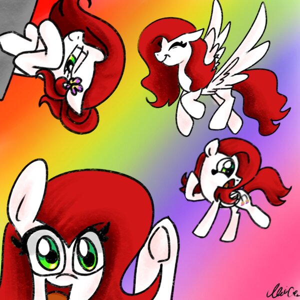 Size: 1280x1280 | Tagged: safe, artist:alicedrawing13, derpibooru import, oc, unofficial characters only, pegasus, pony, eyes closed, female, image, jpeg, looking at you, mare, open mouth, open smile, rainbow background, smiling, smiling at you, spread wings, underhoof, wings