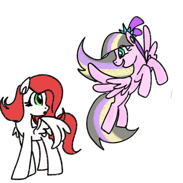 Size: 1280x1280 | Tagged: safe, artist:alicedrawing13, derpibooru import, oc, unofficial characters only, pegasus, pony, duo, duo female, eye clipping through hair, female, flying, image, jpeg, looking at each other, looking at someone, mare, open mouth, partially open wings, simple background, spread wings, white background, wings