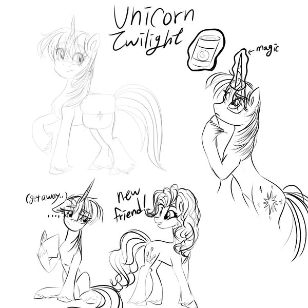 Size: 1280x1280 | Tagged: safe, artist:alicedrawing13, derpibooru import, pinkie pie, twilight sparkle, earth pony, pony, unicorn, bag, book, can, eye clipping through hair, female, horn, image, jpeg, looking at someone, magic, magic aura, mare, raised hoof, simple background, sitting, telekinesis, unicorn twilight, white background