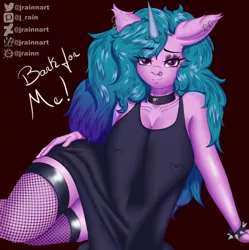 Size: 3190x3200 | Tagged: safe, artist:jrainnart, derpibooru import, izzy moonbow, anthro, unicorn, bracelet, choker, clothes, dress, ear piercing, earring, eyebrows, eyebrows visible through hair, eyeshadow, female, fishnets, g5, goth, goth izzy, image, jewelry, jpeg, looking at you, makeup, piercing, solo