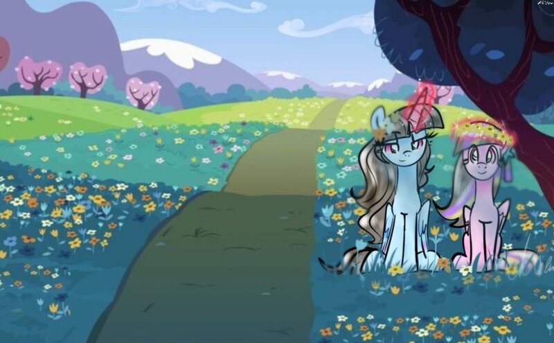 Size: 1237x766 | Tagged: safe, artist:alicedrawing13, derpibooru import, oc, unofficial characters only, alicorn, pegasus, pony, duo, duo female, eye clipping through hair, female, flower, flower in hair, folded wings, glow, glowing horn, horn, image, jpeg, lidded eyes, magic, magic aura, mare, outdoors, scenery, sitting, telekinesis, tree, wings