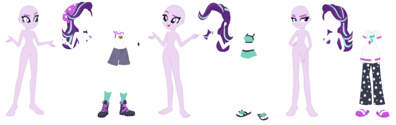 Size: 1852x588 | Tagged: safe, artist:4swords4ever, artist:cookiechans2, artist:selenaede, derpibooru import, starlight glimmer, human, equestria girls, legend of everfree, base, bikini, boots, camp everfree logo, camp everfree outfits, camping outfit, clothes, hand on hip, hat, high heel boots, high heels, image, open mouth, pajamas, png, sandals, shoes, simple background, slippers, smiling, socks, swimsuit, white background