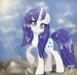 Size: 549x540 | Tagged: safe, artist:alicedrawing13, derpibooru import, rarity, pony, unicorn, female, horn, image, jpeg, looking at you, mare, rain, raised hoof, solo, wet, wet mane