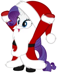 Size: 480x618 | Tagged: artist needed, safe, derpibooru import, rarity, pony, unicorn, beard, belt, bipedal, boots, christmas, clothes, coat, costume, fake beard, female, gloves, hat, holiday, horn, image, mare, open mouth, png, santa beard, santa claus, santa costume, santa hat, shoes, simple background, solo, standing, transparent background, vector