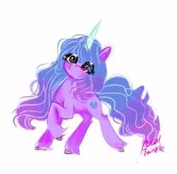 Size: 549x540 | Tagged: safe, artist:alicedrawing13, derpibooru import, izzy moonbow, pony, unicorn, eye clipping through hair, female, g5, horn, image, jpeg, mare, raised hoof, raised leg, simple background, solo, white background