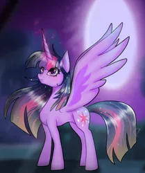 Size: 1714x2048 | Tagged: safe, artist:alicedrawing13, derpibooru import, twilight sparkle, twilight sparkle (alicorn), alicorn, pony, eye clipping through hair, female, glow, glowing horn, horn, image, jpeg, looking up, magic, magic aura, mare, night, night sky, sky, smiling, solo, sparkly mane, sparkly tail, spread wings, tail, wings