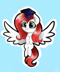 Size: 1714x2048 | Tagged: safe, artist:alicedrawing13, derpibooru import, oc, unofficial characters only, pegasus, pony, blue background, female, graduation cap, hat, image, jpeg, outline, simple background, solo, spread wings, wings