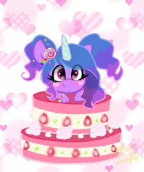 Size: 1714x2048 | Tagged: safe, artist:alicedrawing13, derpibooru import, izzy moonbow, pony, unicorn, alternate hairstyle, bracelet, cake, candy, eye clipping through hair, female, food, g5, heart, heart background, horn, image, jewelry, jpeg, lollipop, looking at you, mare, simple background, solo, white background