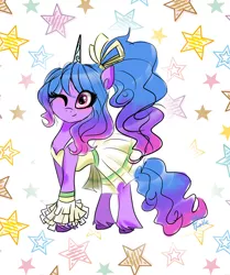 Size: 1714x2048 | Tagged: safe, artist:alicedrawing13, derpibooru import, izzy moonbow, pony, unicorn, alternate hairstyle, bow, cheerleader, clothes, doodle, female, g5, hair bow, horn, image, jpeg, looking at you, mare, one eye closed, simple background, skirt, solo, starry background, white background, wink, winking at you