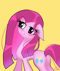 Size: 1714x2048 | Tagged: safe, artist:alicedrawing13, derpibooru import, pinkie pie, earth pony, pony, alternate cutie mark, eye clipping through hair, female, image, jpeg, mare, pinkamena diane pie, simple background, solo, yellow background