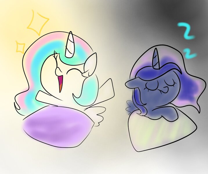 Size: 2048x1714 | Tagged: safe, artist:alicedrawing13, derpibooru import, princess celestia, princess luna, alicorn, pony, ^^, duo, duo female, eyes closed, female, horn, image, jpeg, onomatopoeia, open mouth, royal sisters, siblings, sisters, sleeping, sound effects, sparkles, wings, zzz