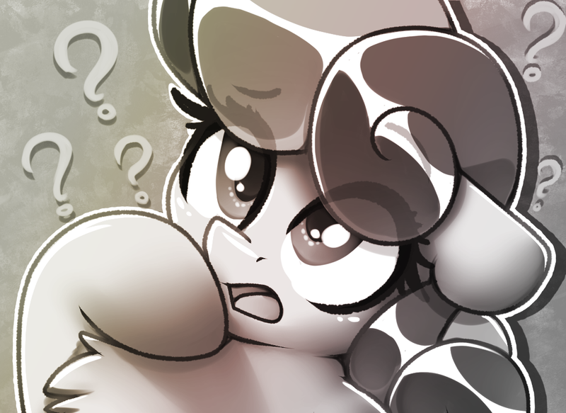 Size: 1060x773 | Tagged: safe, artist:llametsul, derpibooru import, bon bon, sweetie drops, earth pony, pony, atg 2022, chest fluff, confused, cute, female, image, mare, monochrome, newbie artist training grounds, png, question mark, solo