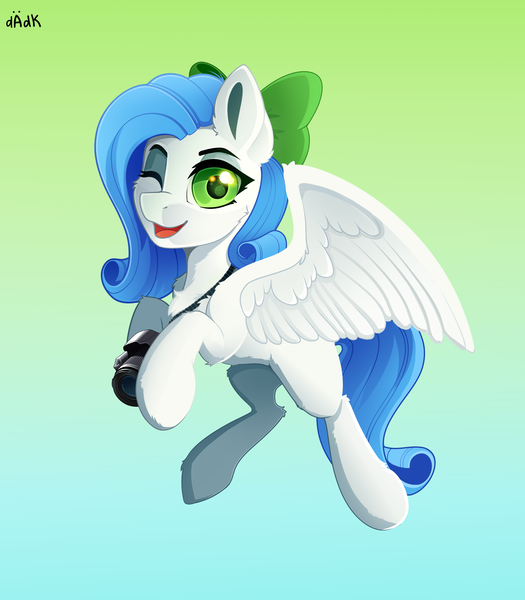 Size: 3500x4000 | Tagged: safe, artist:rainbowfire, derpibooru import, oc, fluffy pony, pegasus, pony, bow, chest fluff, cute, ear fluff, female, fluffy, green eyes, grin, hair bow, image, looking at you, open mouth, photo, photocamera, png, raised hoof, simple background, smiling, solo, spread wings, white, wings