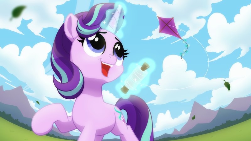 Size: 2560x1440 | Tagged: safe, artist:whitequartztheartist, derpibooru import, starlight glimmer, pony, unicorn, cloud, cute, female, glimmerbetes, glow, glowing horn, grass, grass field, happy, horn, image, kite, kite flying, leaves, magic, mare, mountain, open mouth, open smile, png, sky, smiling, solo, that pony sure does love kites