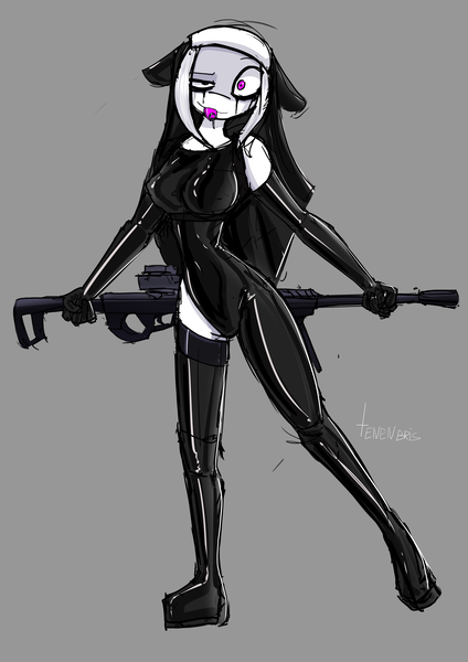 Size: 4961x7016 | Tagged: suggestive, artist:tenenbris, derpibooru import, oc, oc:annie faulkner, anthro, clothes, gun, heterochromia, image, latex, latex socks, latex suit, nun, png, rifle, socks, weapon