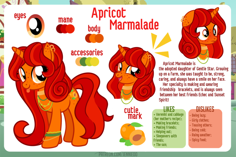 Size: 1200x798 | Tagged: safe, artist:jennieoo, derpibooru import, oc, oc:apricot marmalade, pony, unicorn, happy, image, piercing, png, reference sheet, shocked, show accurate, simple background, smiling, solo, tongue out