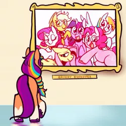 Size: 611x611 | Tagged: safe, artist:melodymelanchol, derpibooru import, applejack, fluttershy, pinkie pie, rainbow dash, rarity, sunny starscout, twilight sparkle, twilight sparkle (alicorn), alicorn, earth pony, pegasus, pony, unicorn, ancient equestria, bittersweet, frame, g4, g5, image, jpeg, looking at something, mane six, painting, rear view, sad