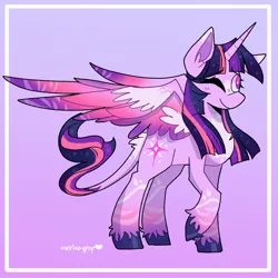 Size: 2048x2048 | Tagged: safe, artist:swirlseypop, derpibooru import, twilight sparkle, twilight sparkle (alicorn), alicorn, pony, female, gradient background, horn, image, jpeg, leonine tail, mare, one eye closed, purple background, raised hoof, simple background, solo, tail, wings, wink