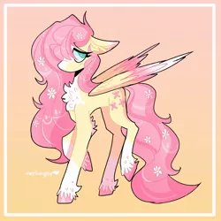 Size: 2048x2048 | Tagged: safe, artist:swirlseypop, derpibooru import, fluttershy, pegasus, pony, chest fluff, female, floppy ears, flower, flower in hair, gradient background, hair over one eye, image, jpeg, looking at you, mare, pink background, raised hoof, raised leg, simple background, solo, wings, yellow background