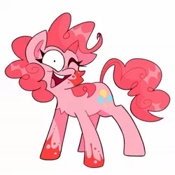 Size: 2048x2048 | Tagged: semi-grimdark, alternate version, artist:swirlseypop, derpibooru import, pinkie pie, earth pony, pony, blood, cheek fluff, chest fluff, colored pupils, female, heart, heart eyes, high res, image, jpeg, mare, one eye closed, open mouth, open smile, shrunken pupils, simple background, smiling, solo, white background, wingding eyes, wink