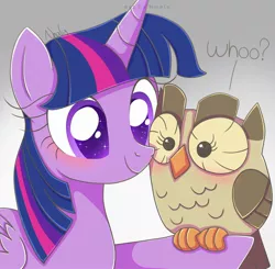 Size: 2000x1961 | Tagged: safe, artist:nnaly, derpibooru import, owlowiscious, twilight sparkle, twilight sparkle (alicorn), alicorn, bird, owl, pony, awwlowiscious, blushing, colored pupils, cute, duo, female, gray background, image, jpeg, mare, outstretched hoof, signature, simple background, smiling, sparkly eyes, starry eyes, twiabetes, wingding eyes