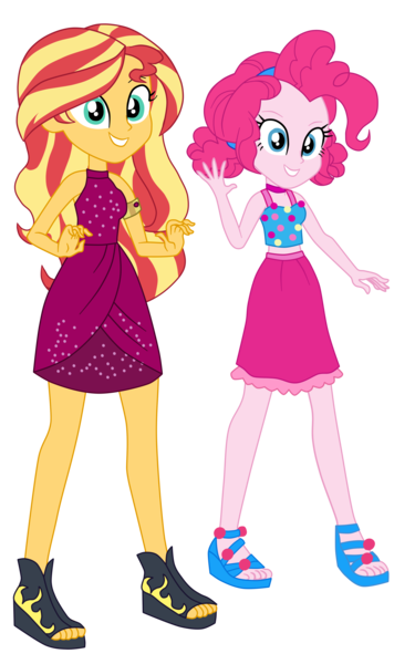 Size: 2500x3995 | Tagged: safe, artist:gmaplay, derpibooru import, pinkie pie, sunset shimmer, equestria girls, equestria girls series, i'm on a yacht, spring breakdown, spoiler:eqg series (season 2), alternate hairstyle, best friends, bff, duo, duo female, eyebrows, female, grin, high res, image, png, simple background, smiling, transparent background, waving