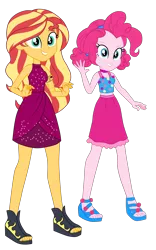 Size: 2500x3995 | Tagged: safe, artist:gmaplay, derpibooru import, pinkie pie, sunset shimmer, equestria girls, equestria girls series, i'm on a yacht, spring breakdown, spoiler:eqg series (season 2), alternate hairstyle, best friends, bff, duo, duo female, eyebrows, female, grin, high res, image, png, simple background, smiling, transparent background, waving