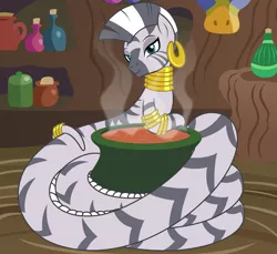 Size: 2176x1997 | Tagged: safe, artist:badumsquish, derpibooru import, zecora, lamia, original species, pony, zebra, bottle, bubbling, cauldron, coils, derpibooru exclusive, ear piercing, earring, female, image, jewelry, lidded eyes, looking at you, mare, mask, neck rings, piercing, png, show accurate, smiling, species swap, steam, zecora's hut