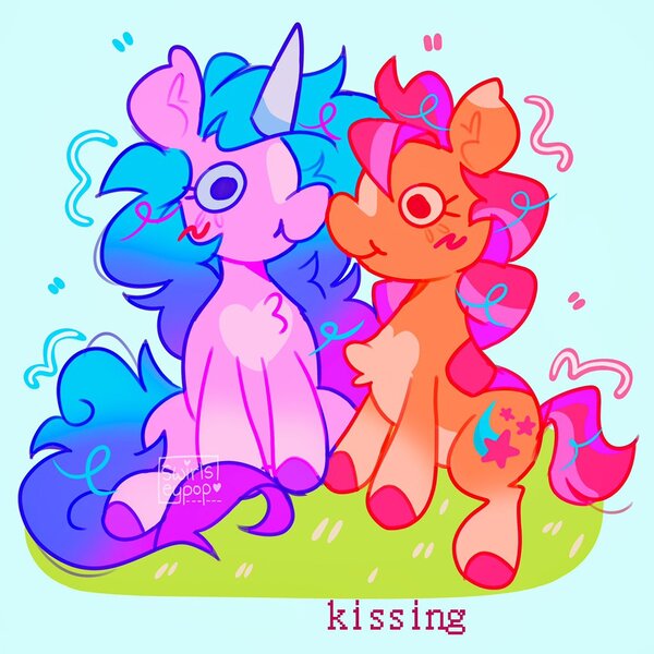 Size: 1024x1024 | Tagged: safe, artist:swirlseypop, derpibooru import, izzy moonbow, sunny starscout, earth pony, pony, unicorn, blue background, boop, chest fluff, duo, duo female, female, g5, grass, horn, image, jpeg, kissing, mare, noseboop, simple background, sitting
