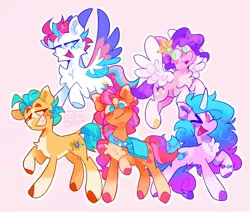 Size: 2048x1740 | Tagged: safe, artist:swirlseypop, derpibooru import, hitch trailblazer, izzy moonbow, pipp petals, sunny starscout, zipp storm, earth pony, pegasus, pony, unicorn, bag, bracelet, chest fluff, flying, g5, grin, horn, image, jewelry, jpeg, looking at you, mane five (g5), no pupils, one eye closed, open mouth, open smile, outline, pink background, raised hoof, saddle bag, simple background, smiling, smiling at you, spread wings, wings, wink