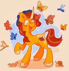 Size: 1982x2048 | Tagged: safe, artist:swirlseypop, derpibooru import, oc, unofficial characters only, butterfly, insect, pony, snail, unicorn, worm, grass, hat, horn, image, jpeg, open mouth, open smile, raised hoof, shadow, simple background, smiling, solo, sparkles, starry eyes, stars, tan background, wingding eyes